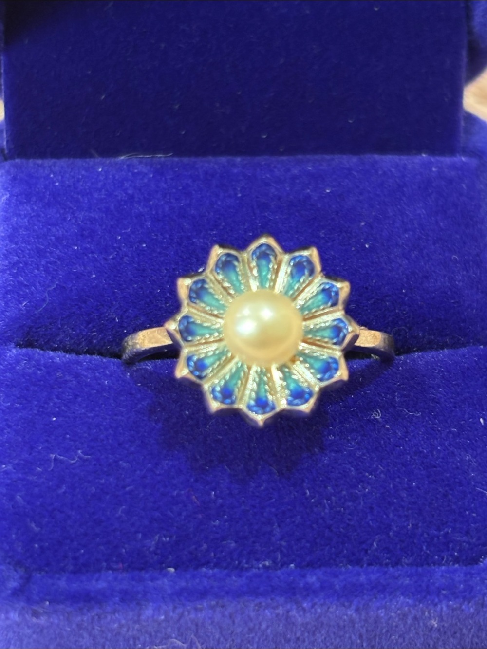 Sterling silver Blue Enamel Flower with real Pearl Center Ring
